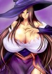  amano_mokuzu bare_shoulders breasts brown_hair cleavage curvy detached_sleeves dragon&#039;s_crown dragon's_crown dress hat huge_breasts long_hair mokuzu mokuzu120 purple_eyes simple_background skirt solo sorceress sorceress_(dragon&#039;s_crown) sorceress_(dragon's_crown) standing strapless_dress umino_mokuzu_(a4_size) vanillaware witch witch_hat 