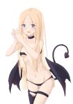  1girl :d abigail_williams_(fate/grand_order) asymmetrical_legwear bangs black_choker black_legwear black_panties black_wings blonde_hair blue_eyes blush breasts choker collarbone commentary_request demon_girl demon_tail demon_wings eyebrows_visible_through_hair fang fate/grand_order fate_(series) fingernails forehead groin hands_up highres jilu long_hair looking_at_viewer low_wings navel open_mouth panties parted_bangs revealing_clothes simple_background single_thighhigh small_breasts smile solo steepled_fingers tail tail_raised thigh_strap thighhighs torn_clothes torn_legwear underwear very_long_hair white_background wings 
