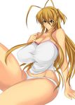  amano_mokuzu antenna_hair arm_support bare_shoulders blonde_hair breasts curvy hair_intakes highschool_of_the_dead huge_breasts long_hair miyamoto_rei mokuzu mokuzu120 mound_of_venus no_bra panties shirt simple_background sitting solo thick_thighs thighs umino_mokuzu_(a4_size) underwear white_panties yellow_eyes 