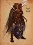  armor blonde_hair cape fairy gauntlets gloves hood leather leather_gloves link male_focus manly master_sword navi pauldrons scabbard sheath shield sword the_legend_of_zelda the_legend_of_zelda:_ocarina_of_time weapon 
