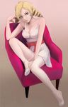  blonde_hair bow catherine catherine_(game) chair dress drill_hair full_body knee_up leg_up legs long_hair long_legs sitting solo stassen strap_slip thighs twintails 