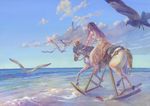  acrylic_paint_(medium) barefoot beach bird cloud day from_behind horse horseback_riding long_skirt ocean original outdoors poten riding rocking_horse shoes single_shoe skirt sky solo traditional_media water waves 