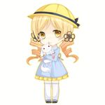  alternate_costume blonde_hair chibi chico152 drill_hair frown hair_ornament hat kindergarten_uniform kyubey mahou_shoujo_madoka_magica pleated_skirt school_hat simple_background skirt tears tomoe_mami twin_drills twintails yellow_eyes younger 