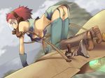  aircraft airplane all_fours ass bare_shoulders bent_over blue_panties boots breasts brown_eyes brown_hair cartridge cloud crop_top crop_top_overhang day flat_ass flying from_behind gas_mask glider gloves gun hanging_breasts highres kaze_no_tani_no_nausicaa kikumaru_bunta knee_boots looking_at_viewer looking_back medium_breasts mehve midriff nausicaa navel nipples non-web_source panties pantyshot rifle shirt_pull sky solo tank_top thighhighs underboob underwear upskirt weapon 