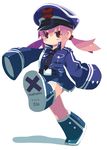  boots full_body haru_(muteki_sensei) hat marching muteki_sensei necktie oversized_clothes pink_hair purple_eyes simple_background sleeves_past_fingers sleeves_past_wrists solo twintails uniform zankuro 