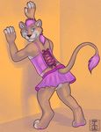  blue_eyes corset crossdressing feline ferality hair lion looking_at_viewer male mammal pink pink_clothing pink_eyebrows pink_hair ponytail skirt solo standing super_gay 