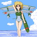  aircraft airplane arm_behind_back biplane black_eyes black_hair cloud day f1m hat kirio_(ccr00235) mecha_musume military ocean oekaki open_mouth original personification pontoon seaplane sky solo straw_hat swimsuit wading water water_drop wet world_war_ii 