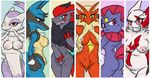  big_breasts blaziken breast_grab breasts butt female grin horny looking_at_viewer looking_back lucario mienshao multiple_girls nintendo nipples nude playful pok&#233;mon pok&#233;morph pok&eacute;mon pose pussy smile spikes take_your_pick teckworks teeth tongue video_games weavile zangoose zoroark 