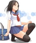  bag black_legwear blush original pinkwaters red_eyes school_uniform short_hair skirt solo thighhighs 