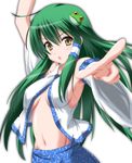  :o arm_up breasts breasts_apart brown_eyes center_opening detached_sleeves frog green_hair groin hair_ornament hair_tubes highres kochiya_sanae long_hair looking_at_viewer medium_breasts midriff navel no_bra nori_tamago open_clothes open_shirt pointing shiny shiny_skin shirt sideboob simple_background skirt solo touhou upper_body 
