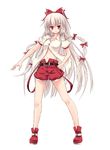  :3 adapted_costume bare_legs belt blush bow dress_shirt fujiwara_no_mokou hair_bow hand_in_pocket highres long_hair looking_at_viewer navel red_eyes shirt shorts simple_background smile solo standing suspenders touhou very_long_hair white_hair white_shirt zi_se 
