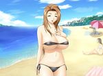  bandeau beach bikini breasts brown_hair cleavage cloud covered_nipples day game_cg huge_breasts jewelry jpeg_artifacts long_hair milk_junkies nipples ocean outdoors ring side-tie_bikini sky smile solo swimsuit tatsunami_youtoku toyohara_mitsuki water 