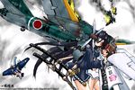  aerial_battle aircraft airplane battle black_hair blood blue_hair bomber brown_hair burning cat_tail cherry_blossoms crushing damaged dying emblem f6f_hellcat f6f_hellcat_(personification) falling flying g4m_(personification) gun hachimaki headband hug katana long_hair mecha_musume military military_vehicle multiple_girls ohka_(weapon) open_mouth original personification propeller rising_sun school_uniform serafuku smoke sunburst sword tail weapon wince yonezuka_ryou 