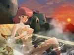  bath bathing breast_hold breasts brown_eyes brown_hair castle earrings evening highres jewelry kaze_no_tani_no_nausicaa kikumaru_bunta landscape large_breasts long_legs looking_at_viewer mehve nausicaa navel nipples non-web_source nude outdoors partially_submerged pubic_hair shiny shiny_skin sponge sunset teto washing water 