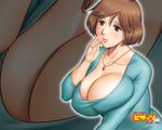  action_pizazz breast_press breasts brown_hair cleavage earrings huge_breasts jewelry mature necklace ring saigadou short_hair solo wallpaper zoom_layer 