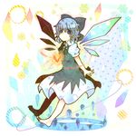  bad_id bad_pixiv_id barefoot blue_eyes blue_hair bow cirno dress hair_bow heart highres ice ice_wings itomugi-kun short_hair snowflakes solo touhou wings 