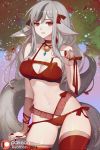  animal_ears bell black_hair breasts cleavage fire_emblem fire_emblem_if grey_hair highres long_hair medium_breasts multicolored_hair parted_lips patreon_logo red_eyes red_ribbon ribbon solo songjikyo tail thighhighs two-tone_hair velour_(fire_emblem_if) wolf_ears wolf_tail 