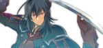  armor bad_id bad_pixiv_id black_hair frown gaius_(tales) gloves hair_ornament hairpin male_focus nic_(kevin) pauldrons red_eyes serious solo sword tales_of_(series) tales_of_xillia weapon 