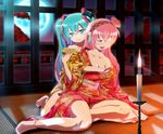  aqua_eyes aqua_hair bad_id bad_pixiv_id blush breast_grab breasts bug butterfly candle flower full_moon grabbing hair_flower hair_ornament hatsune_miku insect japanese_clothes kimono light long_hair medium_breasts megurine_luka moon multiple_girls open_mouth pink_hair smile tabi tadahama tatami twintails vocaloid wince yuri 