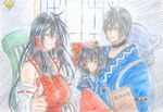  ahoge bad_id bad_pixiv_id black_hair book bow breasts chair child colored_pencil_(medium) commentary_request cosplay detached_sleeves father_and_daughter flat_chest glasses hair_bow hair_tubes hakurei_reimu huge_breasts long_hair morichika_rinnosuke morichika_rinnosuke_(cosplay) mother_and_daughter multiple_girls nontraditional_miko one_eye_closed original red_eyes sendai_hakurei_no_miko sideboob silver_hair touhou traditional_media translation_request window yellow_eyes you_(esparda) 