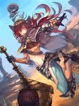  armor belt breasts chaps cowboy_hat desert facial_hair felyne fringe_trim gloves groin hammer hat kokutan_kitsunen medium_breasts midriff monster_hunter monster_hunter_portable_3rd mustache navel red_hair shawl short_shorts shorts spurs sunglasses underboob western wroggi_(armor) 