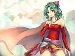  bad_id bad_pixiv_id bare_shoulders blue_eyes bow cape detached_sleeves earrings final_fantasy final_fantasy_vi green_hair hair_bow hand_on_own_chest jewelry kamanatsu pink_bow sash solo tina_branford 
