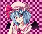 adjusting_hair bat_wings blue_hair brooch checkered checkered_background collarbone face fal_(falketto) grin hat hat_ribbon jewelry purple_eyes remilia_scarlet ribbon short_hair smile solo touhou upper_body wings 