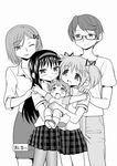  3girls akemi_homura ayanero_taicho brother_and_sister child comic family father_and_daughter father_and_son glasses greyscale hairband kaname_junko kaname_madoka kaname_tatsuya kaname_tomohisa long_hair mahou_shoujo_madoka_magica monochrome mother_and_daughter mother_and_son multiple_boys multiple_girls one_eye_closed pantyhose school_uniform short_hair siblings smile twintails 