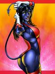  blue breasts butt closed_legs clothed clothing crossgender female gloves hair holding kurt_wagner legwear long_hair looking_at_viewer marvel mutant nightcrawler red skimpy solo standing stockings tail x-men yellow_eyes ziza 