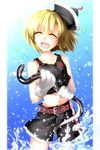  alternate_costume bare_shoulders belt blonde_hair blush closed_eyes crescent eel gloves happy hat highres kazetto lunasa_prismriver midriff navel open_mouth short_hair shorts sleeveless smile solo touhou water 