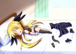  asymmetrical_clothes bed blonde_hair blush_stickers boots cape chibi closed_eyes diesel-turbo exhausted fate_testarossa leotard long_hair lyrical_nanoha mahou_shoujo_lyrical_nanoha solo thighhighs twintails 