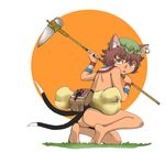  animal_ears ass back bare_back barefoot bone brown_eyes brown_hair cat_ears cat_tail chen earrings hat jewelry monster_hunter nude one_knee onikobe_rin soles solo tail touhou 