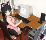  animal_ears bad_id bad_pixiv_id bare_shoulders black_hair blue_eyes blush bow bra_strap breasts chair cleavage computer drawing dress extra_ears fox_ears fox_tail highres keyboard_(computer) long_hair looking_back monitor mouse_(computer) original painttool_sai ponytail recursion ribbon sitting small_breasts solo stylus tablet tail tenyoshi_(briansept) thighhighs wacom zettai_ryouiki 