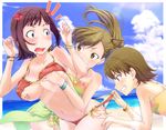  amami_haruka assisted_exposure bad_id bad_pixiv_id bare_shoulders beach bikini blush bracelet breast_grab breasts brown_eyes brown_hair bullying cleavage day futami_ami futami_mami grabbing green_eyes green_sarong grin groping hair_ribbon halterneck idolmaster idolmaster_(classic) idolmaster_2 jewelry large_breasts midriff multiple_girls navel open_mouth outdoors ribbon sarong sashisu siblings side-tie_bikini side_ponytail sisters smile string_bikini surprised surprised_arms swimsuit swimsuit_pull undressing yuri 