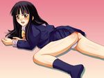  aoyama_motoko ass black_hair blush breasts footwear gold_eyes kneehighs large_breasts laying_down long_hair love_hina lying nipples on_floor open_mouth panties school_uniform schoolgirl socks spread_legs underwear yellow_eyes 