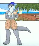  black_nose cargo_shorts clothed clothing drink english_text eyes_closed food half-dressed happy male mammal mustelid otter pie seaside shorts solo tail text topless tropical_drink unknown_artist water 
