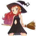  broom brown_eyes brown_hair dress female flat_chest frown hat jewelry long_hair meow_(nekodenki) navel necklace original pointy_ears solo witch witch_hat 