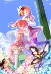  ameru.miro bad_id bad_pixiv_id beret blonde_hair blue_sky blurry bug butterfly chair closed_eyes day depth_of_field drill_hair flower foreshortening hat highres insect kaname_madoka kneeling magical_girl mahou_shoujo_madoka_magica multiple_girls pink_hair short_hair sitting sky thighhighs tomoe_mami twin_drills twintails yellow_eyes 
