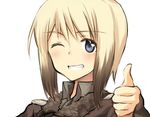  blonde_hair blue_eyes blush erica_hartmann face grin lowres one_eye_closed simple_background smile solo strike_witches thumbs_up tsuchii_(ramakifrau) world_witches_series 