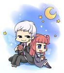  belt blue_eyes bow bowtie brown_eyes buckle chibi crescent_moon cross cup dress formal frills hair_bobbles hair_ornament moon mother_and_daughter multiple_girls necktie night open_mouth pant_suit red_hair shiguya short_hair short_twintails silver_hair sitting smile star_(sky) steam suit twintails umineko_no_naku_koro_ni ushiromiya_ange ushiromiya_kyrie 