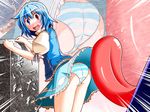  akagi_yuuto ass blue_eyes blue_hair blue_panties blush grave heterochromia leaning_forward long_tongue looking_back open_mouth panties red_eyes shirt short_hair short_sleeves skirt skirt_flip solo striped striped_panties surprised tatara_kogasa tombstone tongue touhou underwear upskirt white_panties zoom_layer 