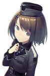  belt brown_eyes brown_hair daiteikoku ermi_doenitz garrison_cap glasses hair_ornament hat iron_cross mckeee military military_uniform short_hair simple_background solo uniform 