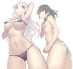  annoyed arm_up armpits bikini black_hair blue_eyes breasts flat_chest foreshortening from_below frown hand_behind_head large_breasts mckeee micro_bikini multiple_girls navel original purple_eyes silver_hair simple_background smile sweatdrop swimsuit underboob 