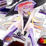  apple bad_id bad_pixiv_id banana bare_shoulders basket blonde_hair book bottomless checkered checkered_floor drinking_straw food food_in_mouth fork fruit glass gradient_hair hat highres ice ice_cube kirisame_marisa kneehighs long_hair multicolored_hair shunsuke solo touhou v_arms white_legwear witch_hat yellow_eyes 