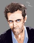  blue_eyes brown_hair facial_hair gregory_house house_m.d. male_focus matsuno_canel simple_background solo stubble translated upper_body 