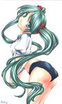  aqua_eyes aqua_hair ass bad_id bad_pixiv_id buruma colored_pencil_(medium) gym_uniform hatsune_miku head_tilt long_hair looking_at_viewer marker_(medium) moneti_(daifuku) pastel_(medium) shirt_tug simple_background smile solo traditional_media twintails vocaloid 