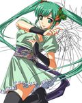  aqua_eyes aqua_hair bad_id bad_pixiv_id black_legwear carrot carrot_hair_ornament food_themed_hair_ornament hair_ornament hatsune_miku japanese_clothes long_hair moneti_(daifuku) obi sash skirt solo thighhighs twintails very_long_hair vocaloid 