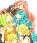  4girls aqua_hair bad_id bad_pixiv_id blonde_hair closed_eyes gomi_chiri green_hair gumi hatsune_miku kagamine_len kagamine_rin long_hair megurine_luka multiple_girls pink_hair short_hair sleeping vocaloid 