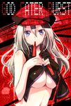  alisa_ilinichina_amiella blue_eyes breasts fingerless_gloves gloves god_eater god_eater_burst hat large_breasts long_hair mouth_hold nekota_nyonyo solo underboob 