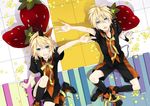  1girl bad_id bad_pixiv_id blonde_hair blue_eyes boots brother_and_sister food from_above fruit hair_ribbon kagamine_len kagamine_rin kyou_zip ribbon short_hair shorts siblings socks star strawberry twins vocaloid 